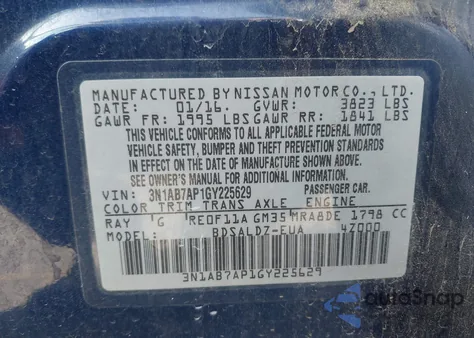 2016 Nissan Sentra S/Sv/Sr/Sl from USA, damaged, VIN 3N1AB7AP1GY225629